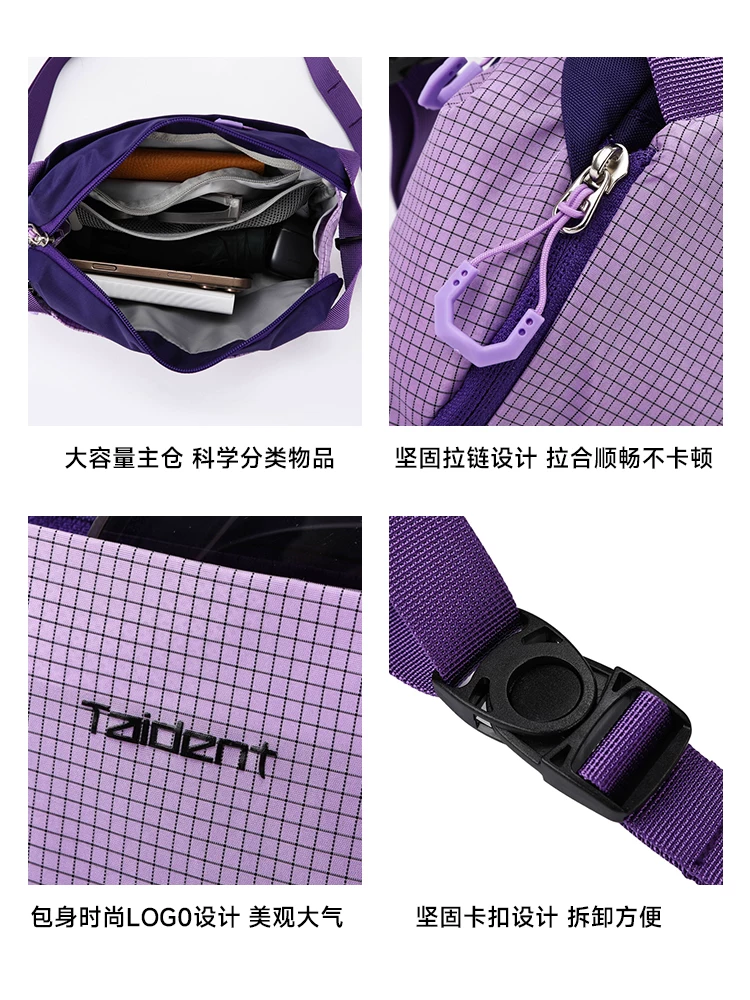 Ảnh macro 4 quyết định kỹ thuật: khoang chính, khóa kéo mượt, vải dệt ripstop caro và khóa gài tháo nhanh